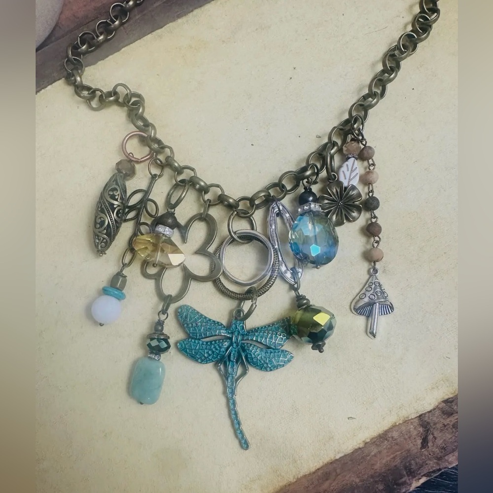 Gypsy Junk Bohemian Chunky Charm Necklace with Dragonfly Pendant